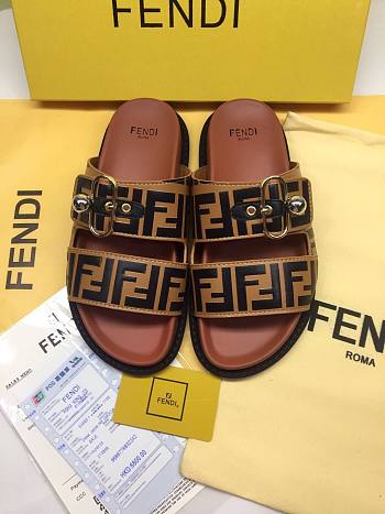 Fendi Women's Brown Logo Debossed Leather Slides