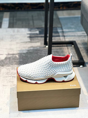 Christian Louboutin Black Spike Sock Leather Sneakers White Red
