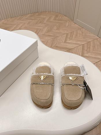 Prada Suede and Shearling Slippers Ecru