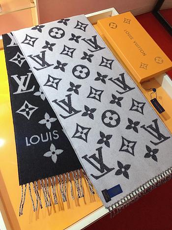 LV Monogram Cashmere Scarf Black 1154 Size 186x34cm