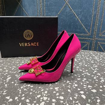 Versace Pointed Toe Pink Lacquer Leather Pumps