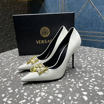 Versace Pointed Toe White Lacquer Leather Pumps