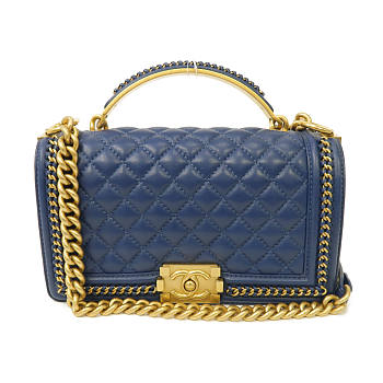CHANEL Quilted CC GHW Boy 25 2way Chain Shoulder Bag Lambskin Leather Blue size 25x14x7cm
