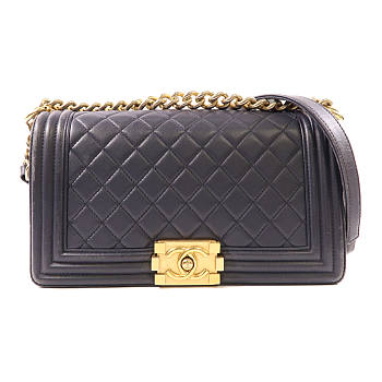 CHANEL CC GHW Boy 25 Chain Shoulder Bag Lambskin Leather Navy size 25x14.5x6cm