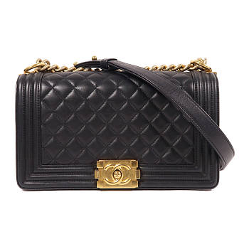 CHANEL CC GHW Boy 25cm Chain Shoulder Bag Lambskin Leather black size 25x15x7cm