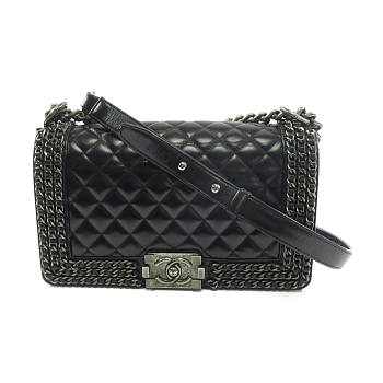 CHANEL CC SHW Boy 25 Chain Shoulder Bag Lambskin Leather Black size 25x16x7cm