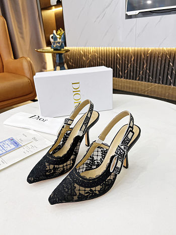 Dior Women J'Adior Slingback Pump Black Transparent Mesh Embroidered with Dior Roses Motif