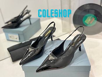 Prada Catwalk style pointed sandals with triangle buckle high heels black 7.5cm