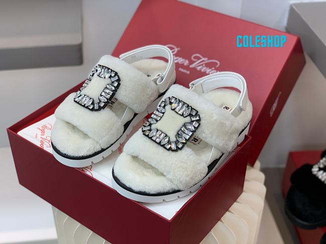 SHOES Roger Vivier Women Viv' Winter Fur Strass Buckle Sandals in Sheepskin-White - 1