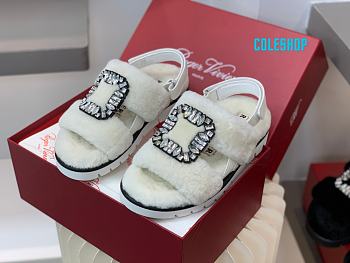 SHOES Roger Vivier Women Viv' Winter Fur Strass Buckle Sandals in Sheepskin-White