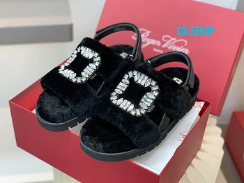 SHOES Roger Vivier Women Viv' Winter Fur Strass Buckle Sandals in Sheepskin black