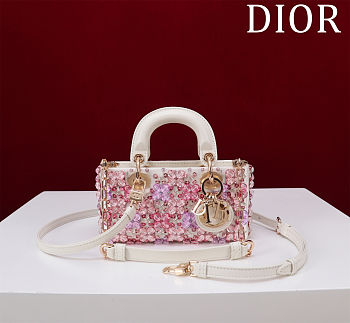 DIOR LADY D-JOY MICRO BAG WHITE CALFSKIN WITH PINK FLORAL EMBROIDERY AND STRASS Size 16 cm