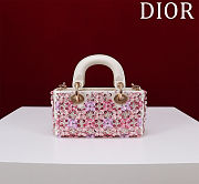 DIOR LADY D-JOY MICRO BAG WHITE CALFSKIN WITH PINK FLORAL EMBROIDERY AND STRASS Size 16 cm - 6