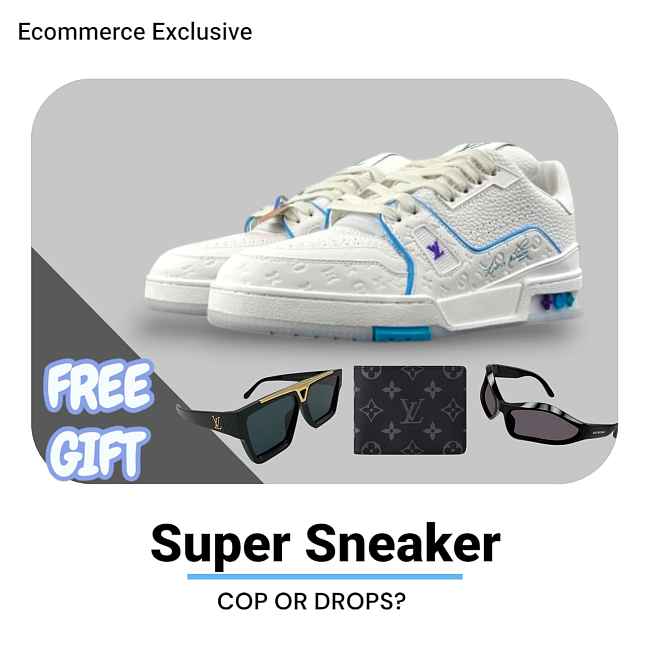 Louis Vuitton LV Trainer Sneaker in White with Blue & Purple Accents - 1